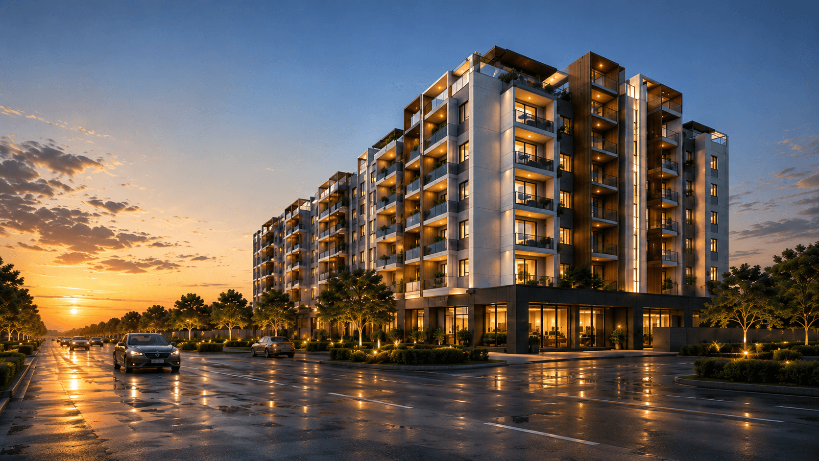 AARA Heights dusk elevation with wet-ground reflections — 3D architectural rendering, Hyderabad