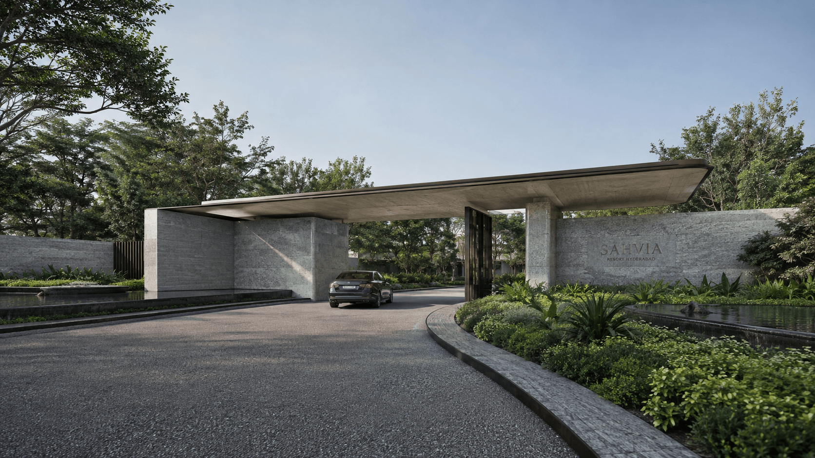 Slavia Resort reflecting pool walkway at dusk — hospitality architecture visualization, Hyderabad
